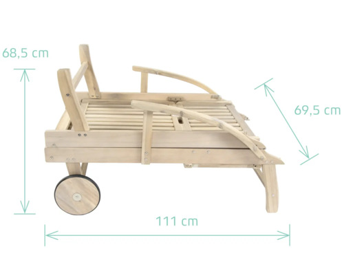 Abmessungen einer Holz Gartenliege mit Rädern: 68,5 cm hoch, 111 cm lang und 69,5 cm breit.