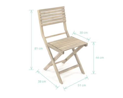 Holzklappstuhl mit den Maßen 81 cm Höhe, 30 cm Breite, 44 cm Sitzhöhe, 38 cm Tiefe und 51 cm Standfläche