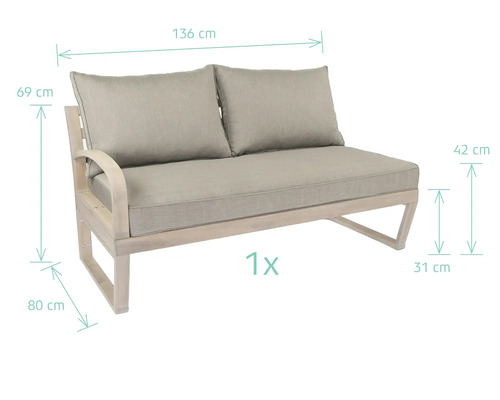 Gartensofa für zwei Personen mit hellen Polstern und Maßangaben