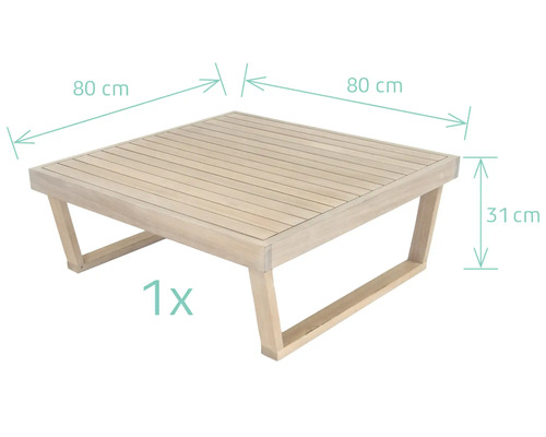 Quadratischer Gartentisch aus Holz mit den Maßen 80 x 80 x 31 cm.