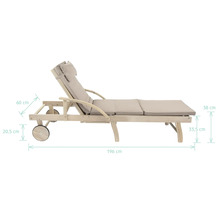 Sonnenliege GARDEN PLACE Maja 196 x 60 x 33,5 cm beige aus robustem Akazienholz, Rückenlehne verstellbar, Klappfunktion für platzsparende Lagerung, mit Rollen, inkl. ausziehbarer Beistelltisch