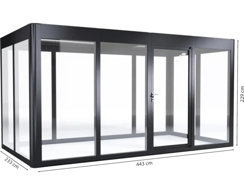 Glashaus mit Tür und den Maßen 443, 229 und 233 Zentimeter