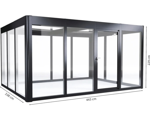 Freistehendes Glashaus mit Tür und den Maßen 443 x 338 x 229 cm