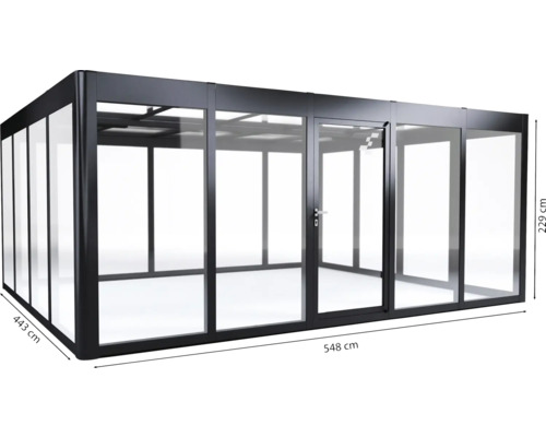 Verglaster Pavillon mit Tür und Aluminiumrahmen, Maße 548 x 443 x 229 cm