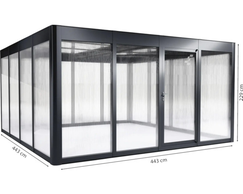 Gartenpavillon aus Aluminium und Polycarbonat, 443 mal 443 mal 229 Zentimeter