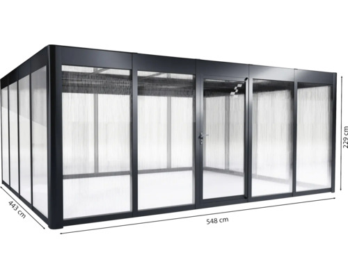 Abgebildet ist ein rechteckiger Pavillon mit Polycarbonatplatten und den Maßen 548 mal 443 mal 229 Zentimeter.