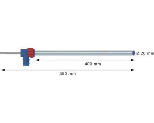 Schema einer Lanze mit den Maßen 550 mm Länge, 400 mm Rohrlänge und 20 mm Durchmesser.
