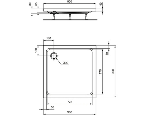 Technische Zeichnung einer Duschwanne mit Maßangaben