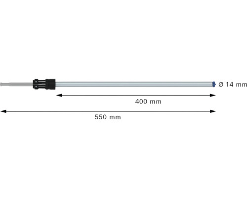 Technische Zeichnung eines Rohrs mit den Maßen 550 Millimeter Gesamtlänge, 400 Millimeter Rohrlänge und 14 Millimeter Rohrdurchmesser.