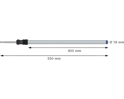 Abbildung eines Schraubendrehers mit den Maßen 550 mm Gesamtlänge, 400 mm Grifflänge und 18 mm Durchmesser.