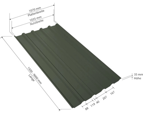 Trapezblech mit Breiten- und Längenangaben