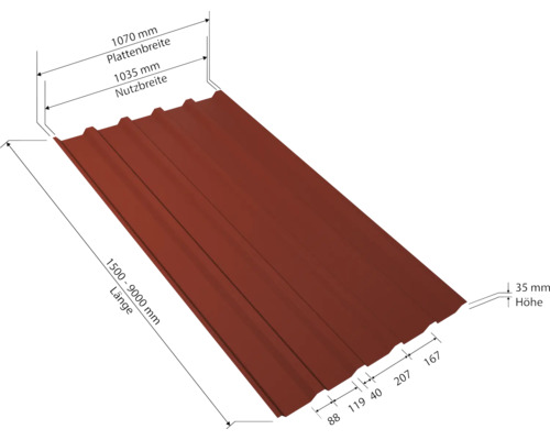 Trapezblech mit den Maßen Plattenbreite 1070 mm, Nutzbreite 1035 mm, Länge 1500 bis 9000 mm und Höhe 35 mm