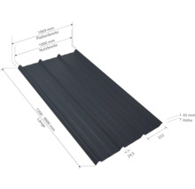 Trapezblech mit den Maßen 1069 Millimeter Plattenbreite, 1000 Millimeter Nutzbreite, 1500 bis 9000 Millimeter Länge und 45 Millimeter Höhe