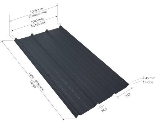 Trapezblech mit den Maßen 1069 Millimeter Plattenbreite, 1000 Millimeter Nutzbreite, 1500 bis 9000 Millimeter Länge und 45 Millimeter Höhe