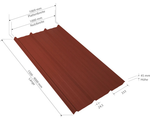 Trapezblech mit einer Breite von 1069 mm und einer Länge zwischen 1500 und 9000 mm.