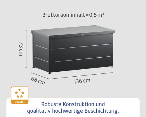 Gartenbox mit den Maßen 136 x 68 x 73 cm und einem Bruttorauminhalt von 0,5 Kubikmetern.