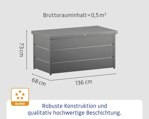 Graue Gartenbox mit einem Bruttorauminhalt von 0,5 Kubikmetern und Abmessungen