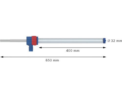Zeichnung einer Kolbenpumpe mit den Maßen 650 mm Länge, 400 mm Rohrlänge und 32 mm Durchmesser