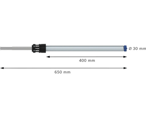 Technische Zeichnung eines Rollladenmotors mit den Maßen 650 mm Gesamtlänge und 30 mm Durchmesser.