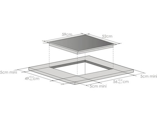 Illustration der Abmessungen eines Kochfeldes für den Einbau
