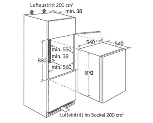 Maßzeichnung eines Kühlschranks mit den Maßen 880 x 540 x 870 Millimeter.