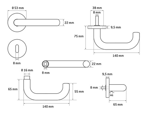 Technische Zeichnung eines Türdrückers mit Maßangaben