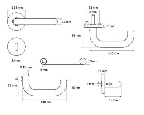 Technische Zeichnung eines Türgriffs mit Maßangaben