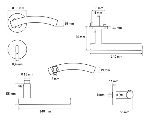 Technische Zeichnung eines Türdrückers mit Maßangaben