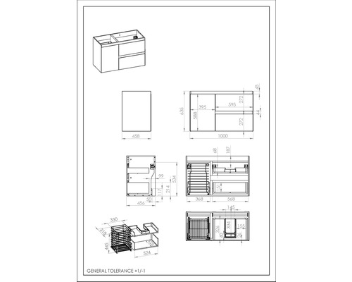 Technische Zeichnung eines Waschtischunterschranks mit Maßen
