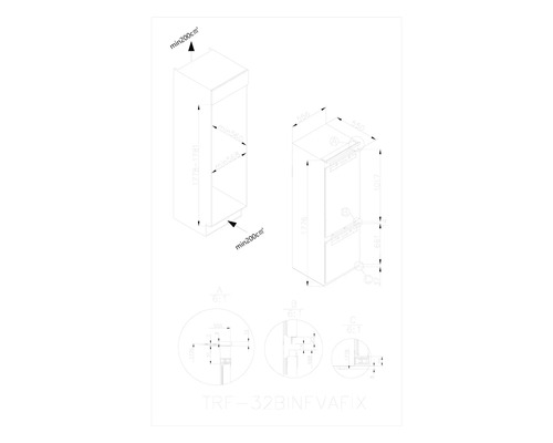 Technische Zeichnung eines Kühlschranks mit Maßangaben