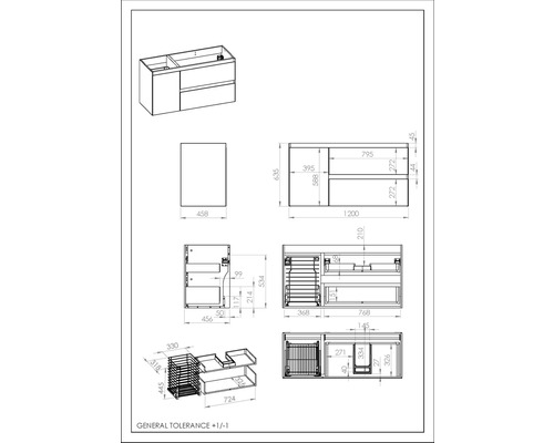 Technische Zeichnung eines Waschtischunterschranks mit Maßangaben