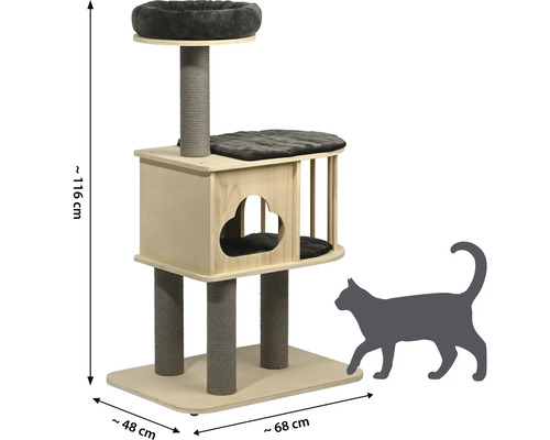 Katzenkratzbaum mit Liegeflächen und Kratzsäulen, Abmessungen circa 116 x 68 x 48 cm