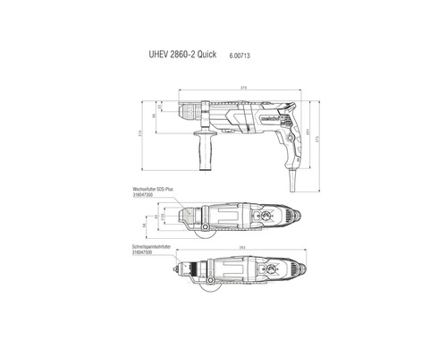 Technische Zeichnung einer Metabo UHEV 2860-2 Quick Bohrmaschine mit Maßangaben