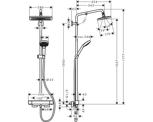 Maßzeichnung Duschsystem mit Kopfbrause und Handbrause