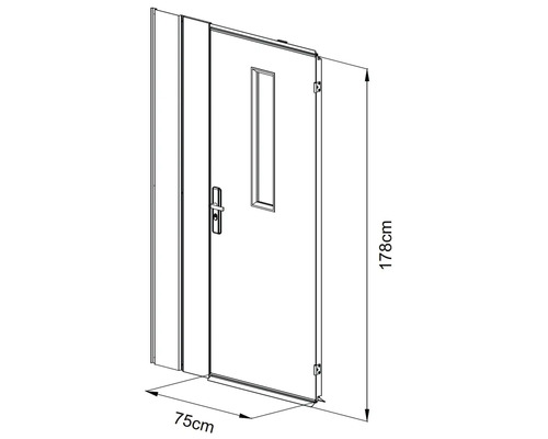 Technische Zeichnung einer Tür mit Fenster und den Maßen 178 cm Höhe und 75 cm Breite.