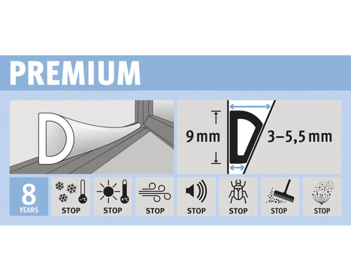 Dichtungsprofil mit den Maßen 9 mm und 3 bis 5,5 mm, stoppt Kälte, Hitze, Wind, Lärm, Insekten, Schmutz und Pollen, 8 Jahre Garantie
