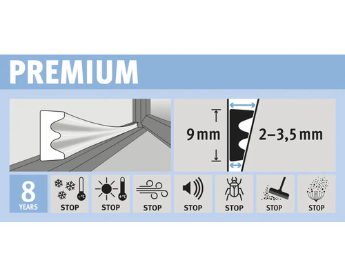 Produktbild einer Premium Dichtung mit den Maßen 9 mm und 2 bis 3,5 mm und einer Garantie von 8 Jahren. Sie schützt vor Kälte, Wärme, Wind, Lärm, Ungeziefer und Schmutz.