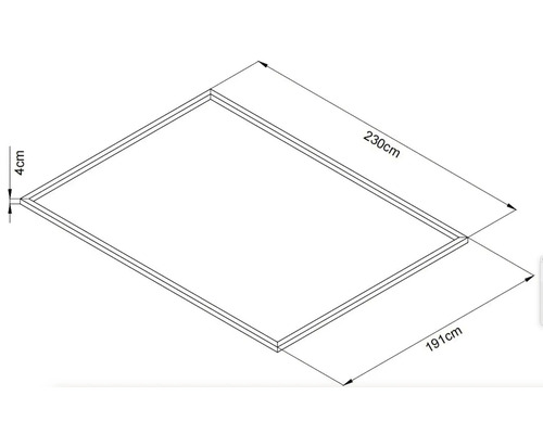 Abbildung eines rechteckigen Holzrahmens mit den Maßen 230 cm mal 191 cm und einer Rahmenstärke von 4 cm.