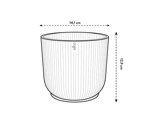 Illustration eines Blumentopfs mit Größenangaben 14,1 Zentimeter Breite und 12,9 Zentimeter Höhe