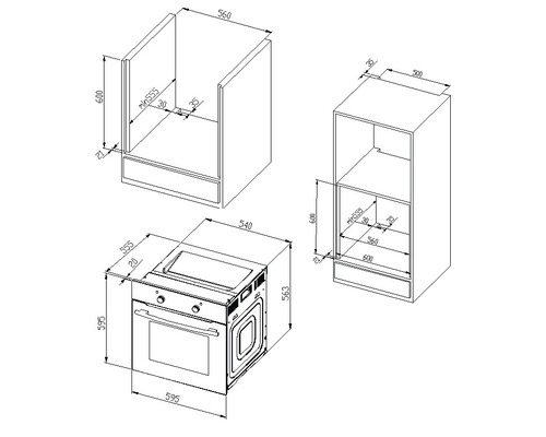 Maßzeichnung eines Ofens mit Unterschrank und Hochschrank