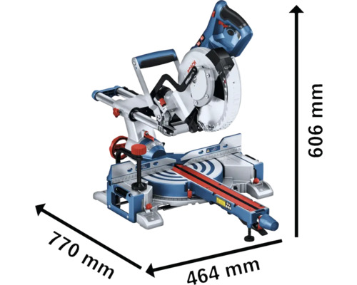 Kapp- und Gehrungssäge mit Abmessungen