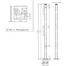 Technische Zeichnung eines Montagepfostens mit den Maßen 860 x 30 x 30 mm und einer Montageplatte von 80 x 80 mm.