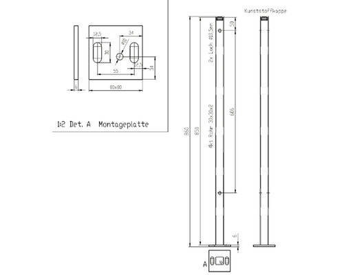 Technische Zeichnung eines Montagepfostens mit den Maßen 860 x 30 x 30 mm und einer Montageplatte von 80 x 80 mm.