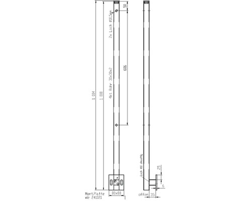 Technische Zeichnung eines Vierkantrohrs 30x30x2 mm mit Montageplatte und Bohrungen