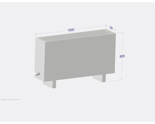 Abbildung eines Heizkörpers mit den Maßen 1000 x 230 x 600 mm.