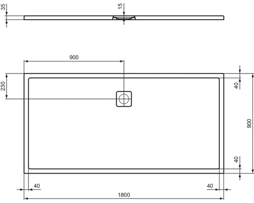 Technische Zeichnung einer Duschwanne mit Maßangaben