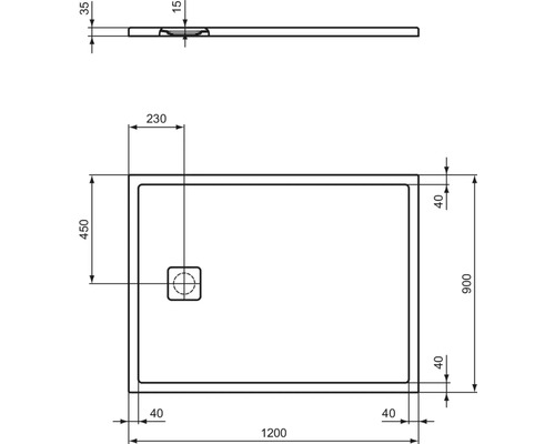 Technische Zeichnung einer Duschwanne mit Maßangaben.