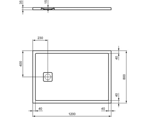 Technische Zeichnung einer Duschwanne mit Maßangaben