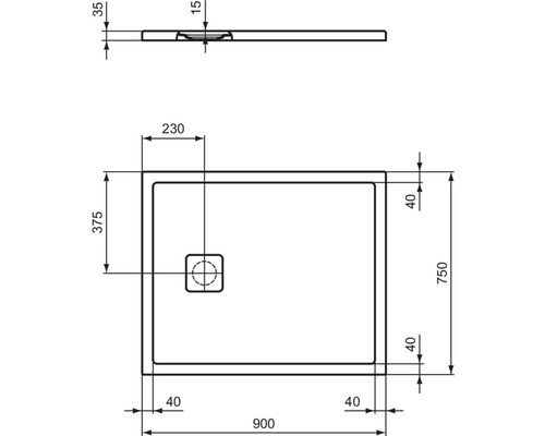 Technische Zeichnung einer Duschwanne mit Maßangaben