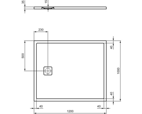 Technische Zeichnung einer Duschwanne mit Maßangaben
